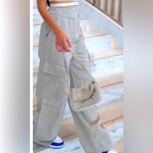 ZARA Asymmetrical Elastic Waist Wide Leg Cargo Utility Pants - Picture 6 of 6